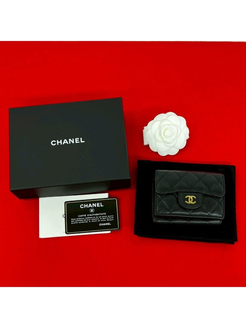 Chanel Box Card with Number 31 Quilted CC Logo Caviar Leather Trifold Wallet